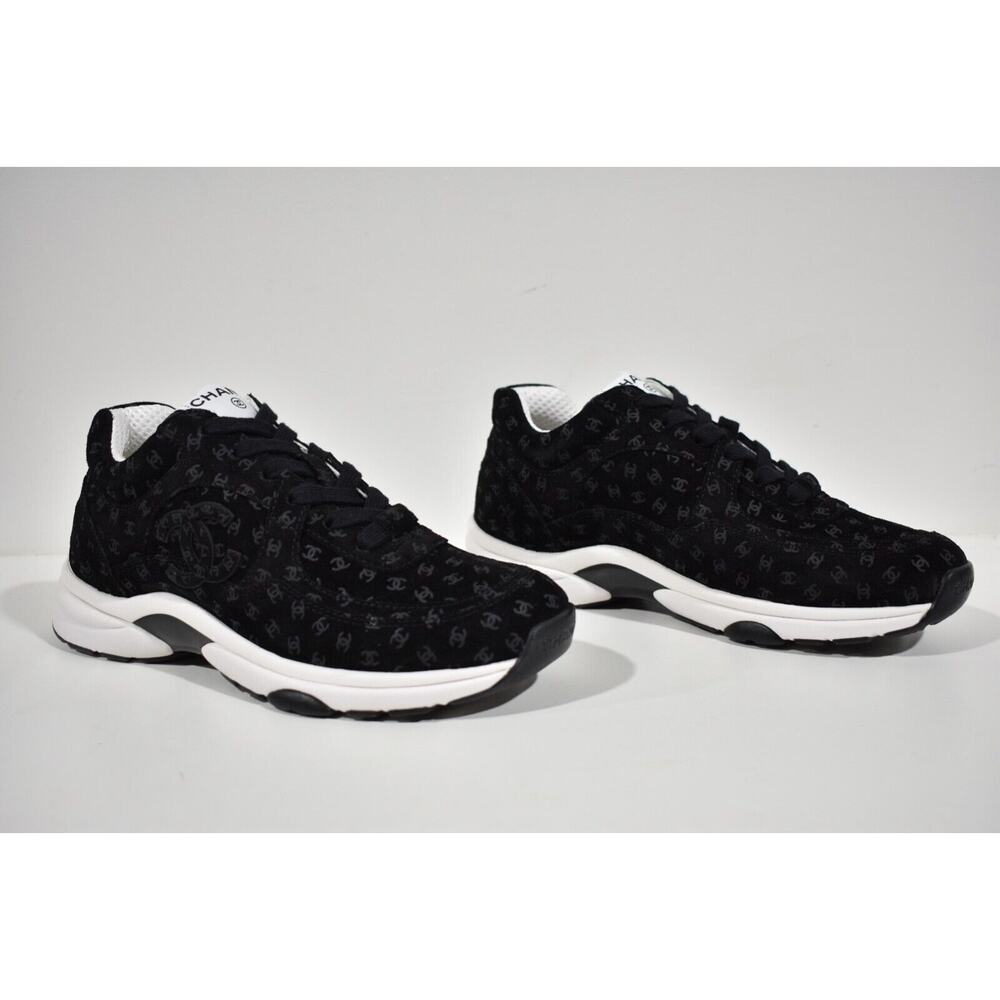 Chanel 22A Black Suede Printed CC Logo White Flat Runner Trainer Sneaker 40 - Picture 4 of 11